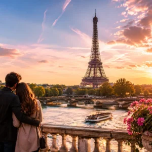 Pareja disfrutando de un atardecer frente a la Torre Eiffel junto al río Sena en París.
