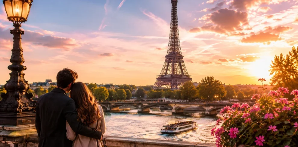 Pareja disfrutando de un atardecer frente a la Torre Eiffel junto al río Sena en París.
