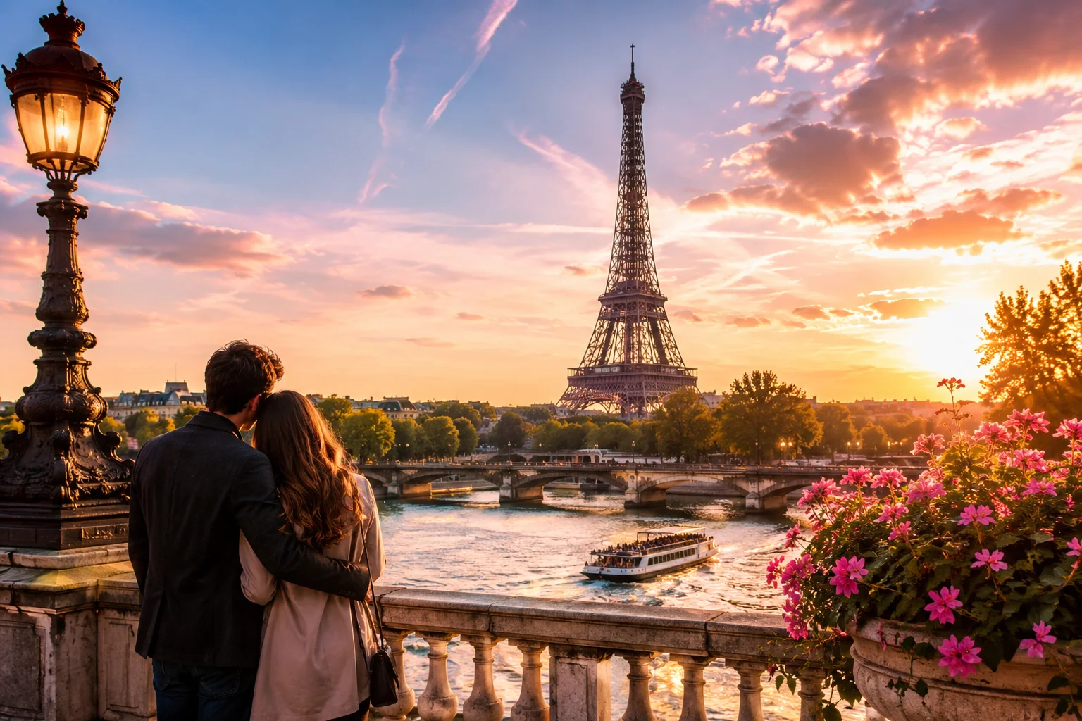 Pareja disfrutando de un atardecer frente a la Torre Eiffel junto al río Sena en París.