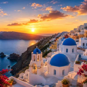 Vista panorámica de Santorini al atardecer con casas blancas, cúpulas azules y el mar Egeo.