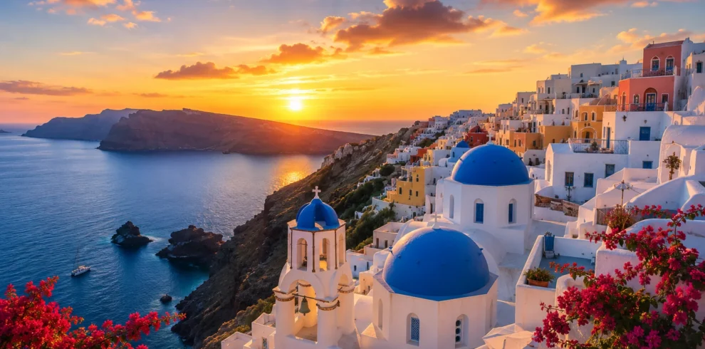 Vista panorámica de Santorini al atardecer con casas blancas, cúpulas azules y el mar Egeo.