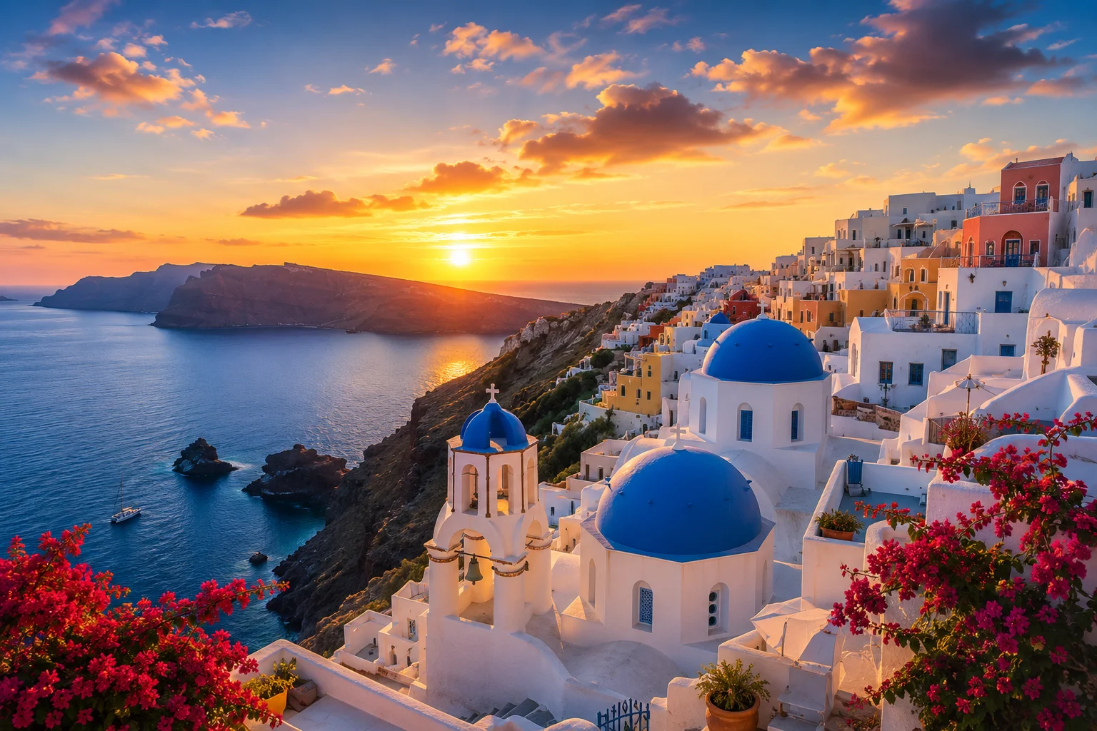 Vista panorámica de Santorini al atardecer con casas blancas, cúpulas azules y el mar Egeo.